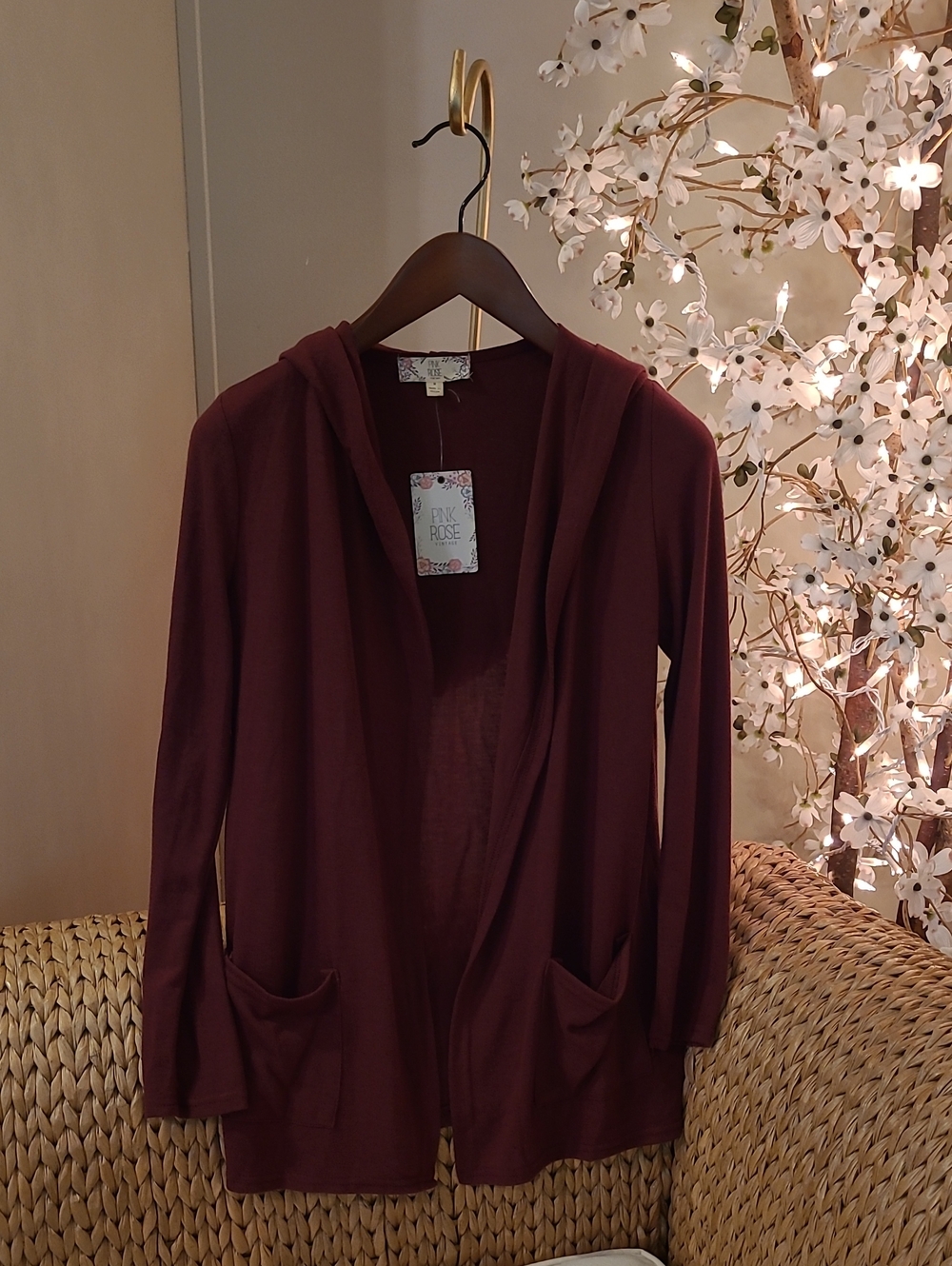 NWT Lightweight Open-Front Hooded Cardigan - Deep Burgundy